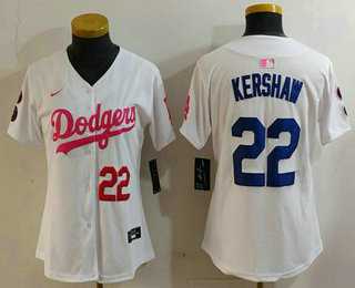 Women%27s Los Angeles Dodgers #22 Clayton Kershaw Number White Pink With Patch Limited Stitched Jersey